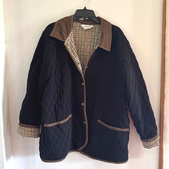 Orvis Jackets & Blazers - Vintage Orvis Quilted Barn Jacket Plaid Lined Black XL Corduroy Trim Chore Coat